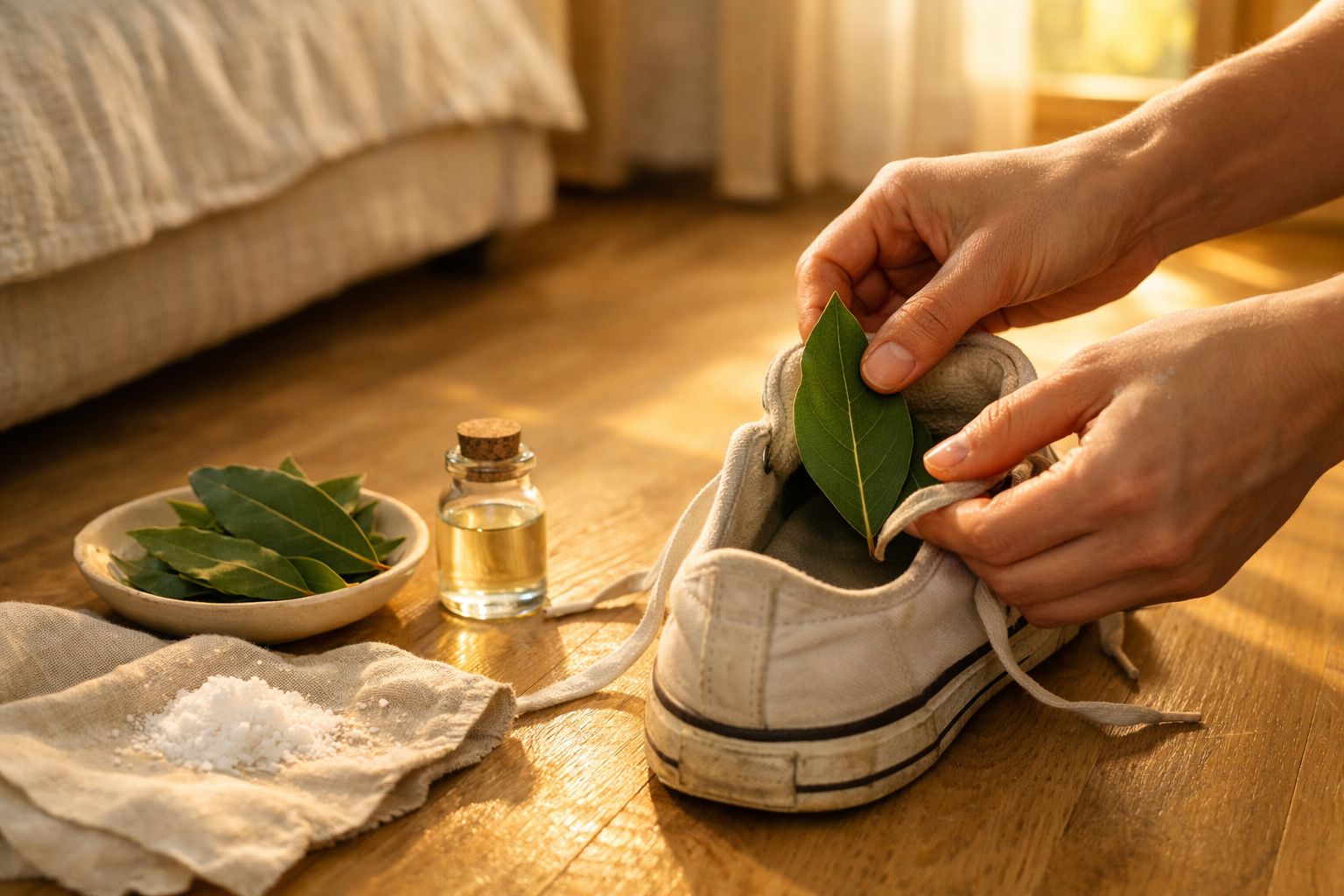 Pessoa colocando folhas de louro dentro de tênis branco para eliminar odores, com sal e óleo ao lado.