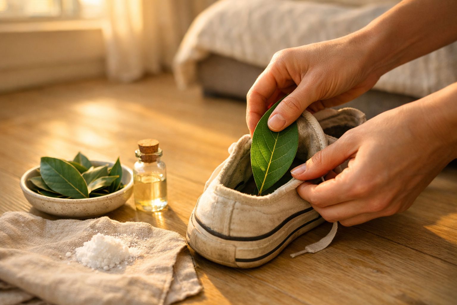 Mãos colocando folha de louro dentro de tênis branco, com sal, folhas e óleo ao lado no chão de madeira.