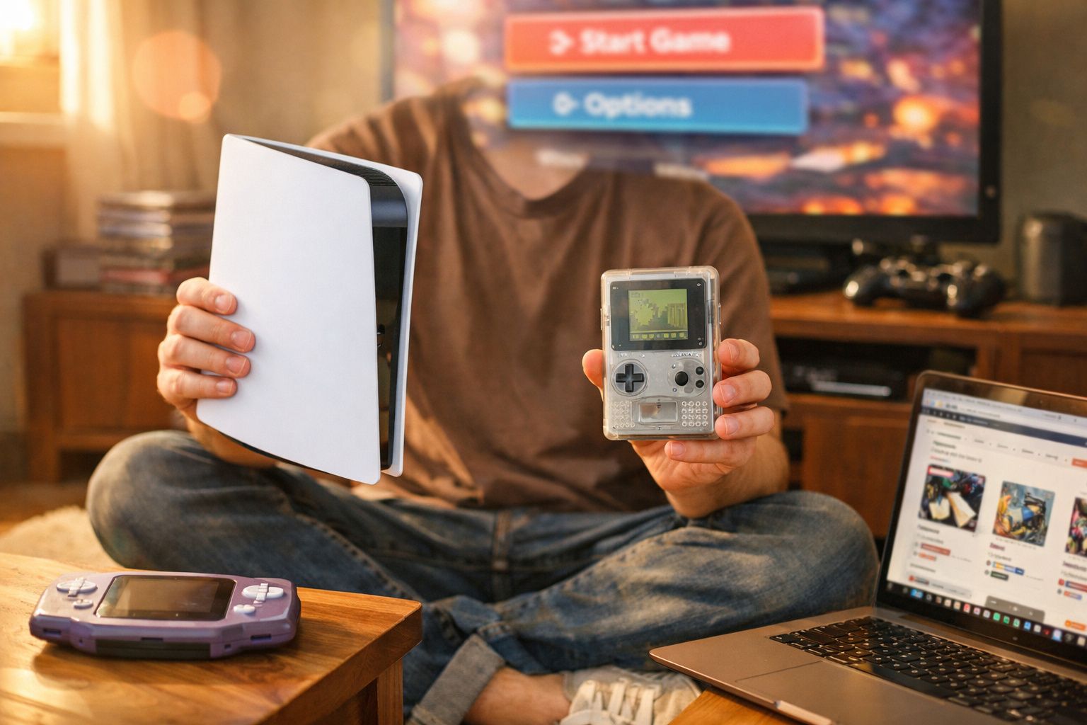 Pessoa sentada segurando videogame moderno em uma mão e console portátil retrô na outra.
