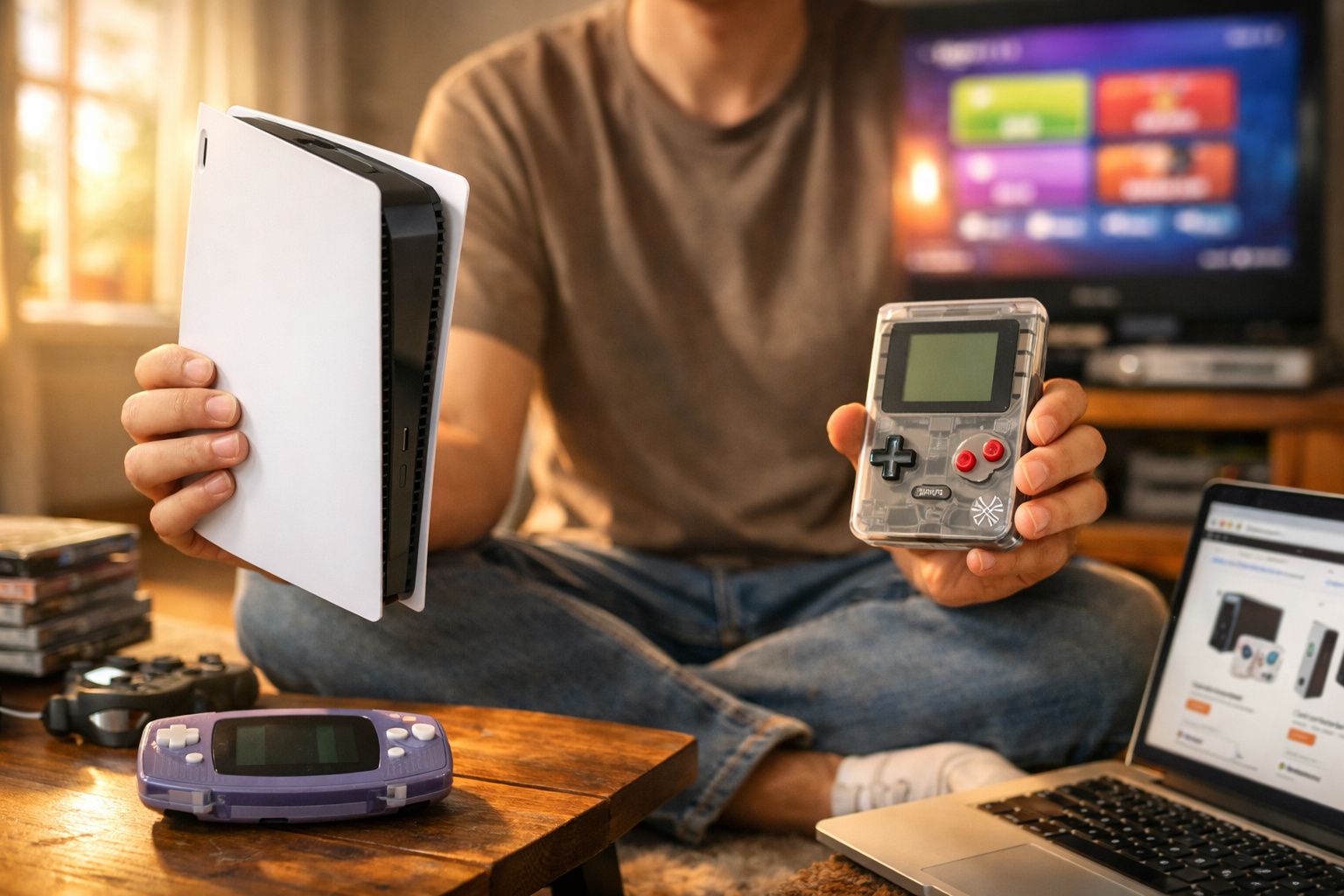 Pessoa segurando um console PlayStation 5 e um videogame portátil enquanto está sentado no chão da sala.