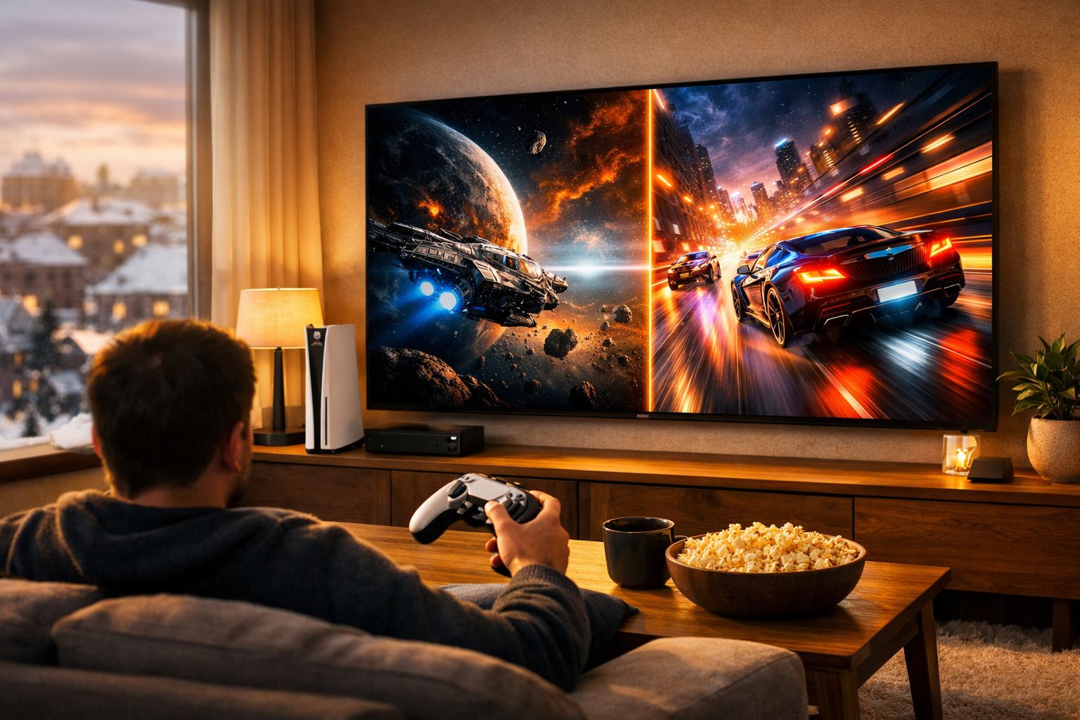 Homem sentado no sofá jogando videogame com controle, em sala aconchegante com TV e pipoca na mesa.