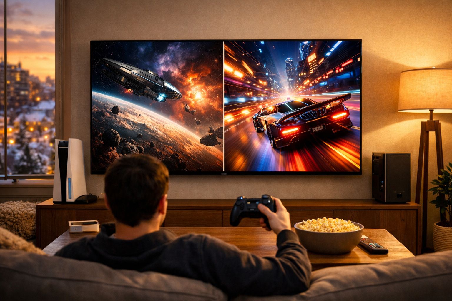 Homem sentado no sofá jogando videogame na TV com jogos de espaçonave e carro em alta velocidade.