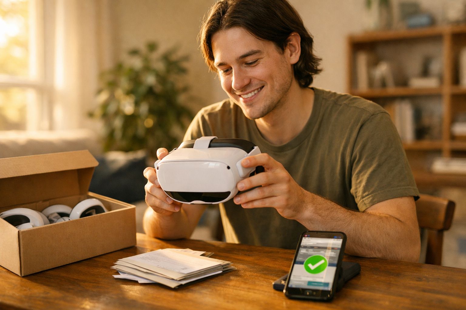 Homem sorridente segurando óculos de realidade virtual sentado à mesa em ambiente iluminado.