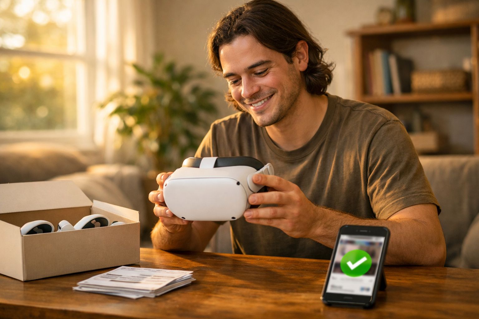 Homem sorridente segura óculos de realidade virtual sentado à mesa com smartphone ao lado.