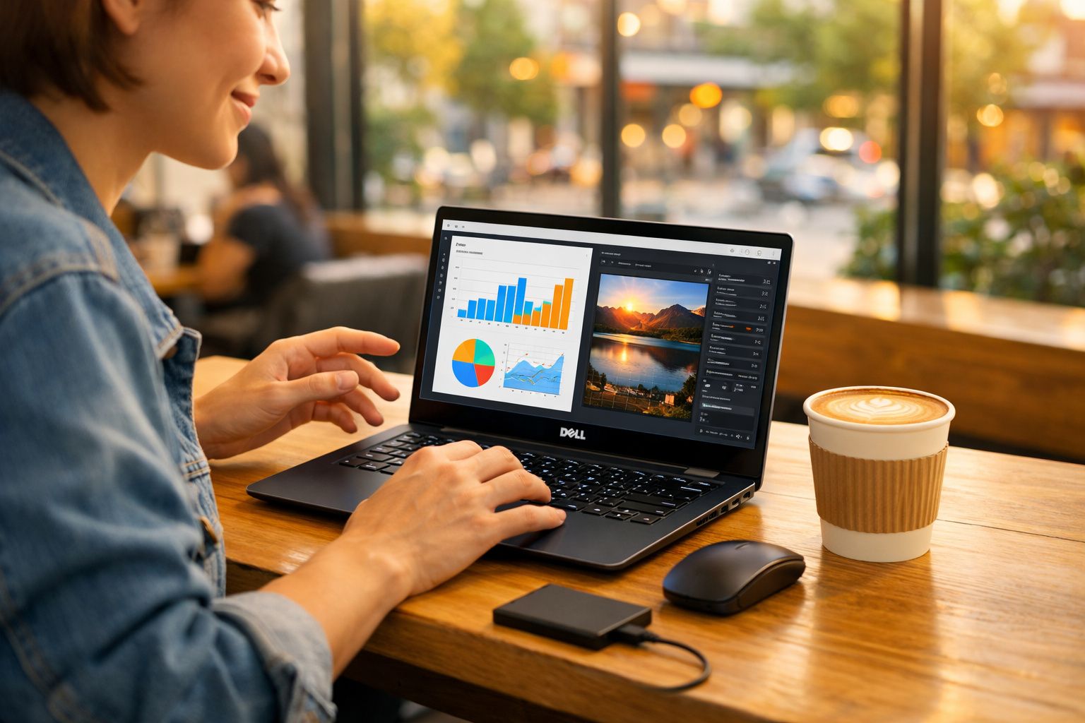Pessoa mexendo em notebook exibindo gráficos e edição de foto, com café em copo descartável ao lado em mesa de madeira.