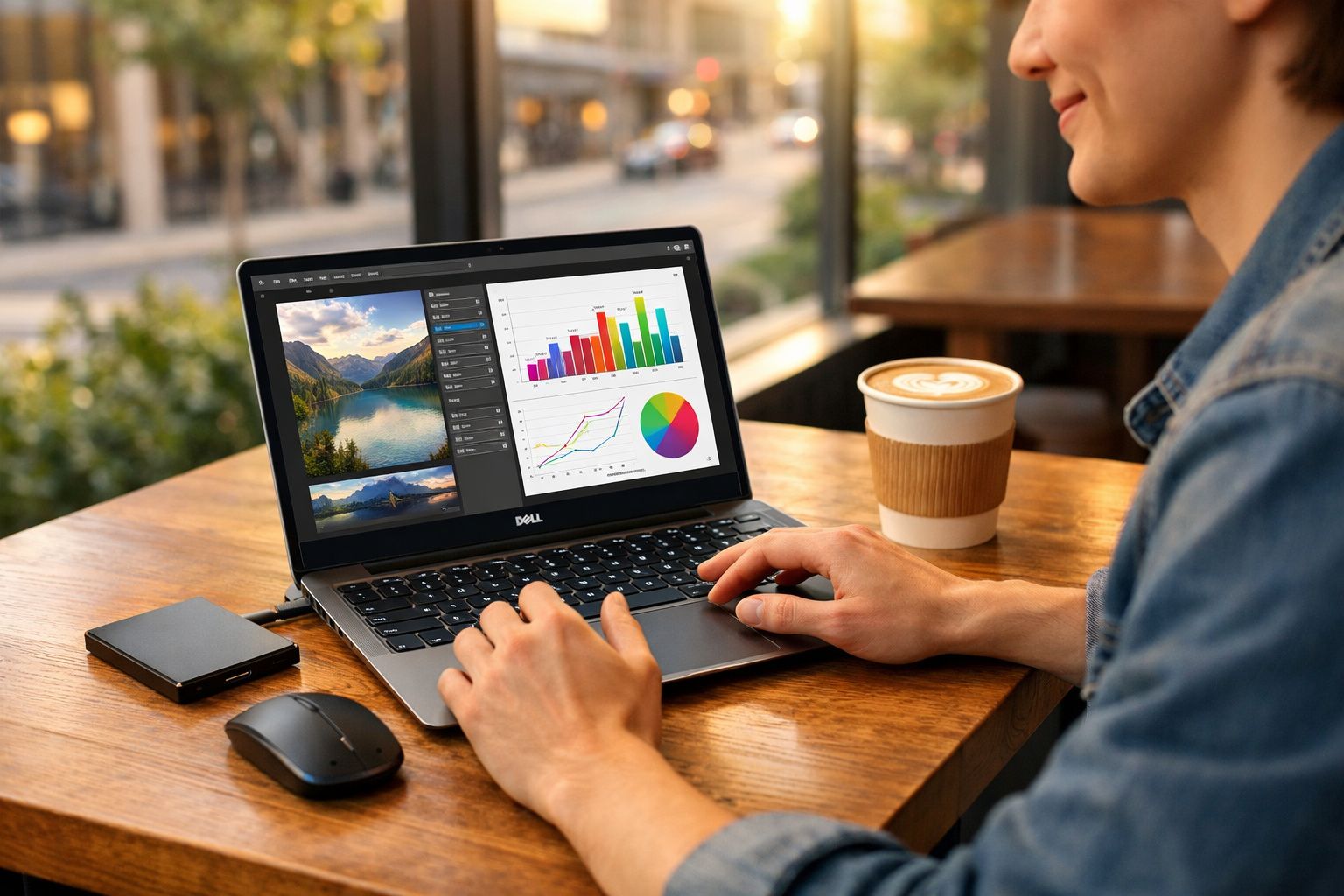 Pessoa trabalhando em laptop com gráficos e fotos na tela, café e mouse ao lado em café.