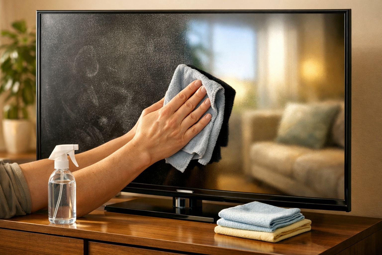 Pessoa limpando a tela de TV com pano cinza e borrifador em móvel de madeira em sala aconchegante.