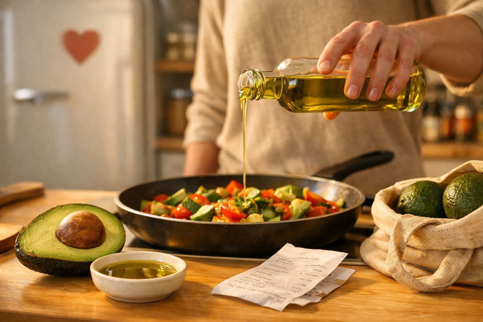 Pessoa regando legumes na frigideira com azeite, com abacate cortado e sacola com abacates à mesa.