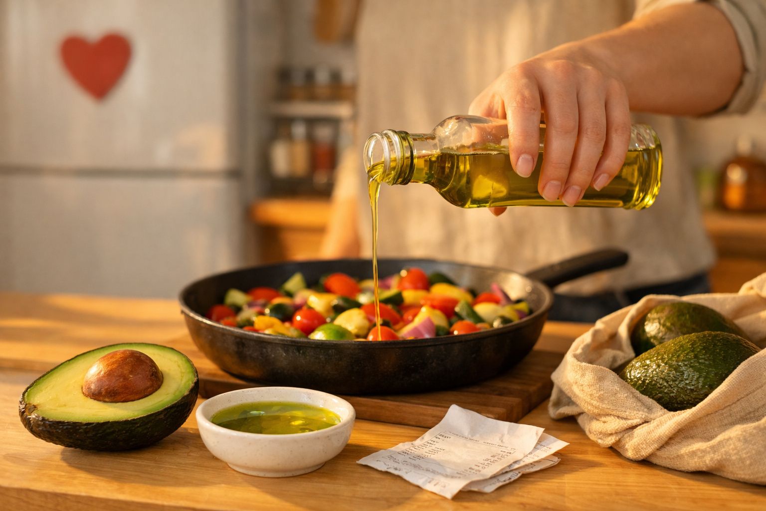 Mão derramando azeite em frigideira com legumes coloridos, abacate cortado e tigela com azeite na mesa.
