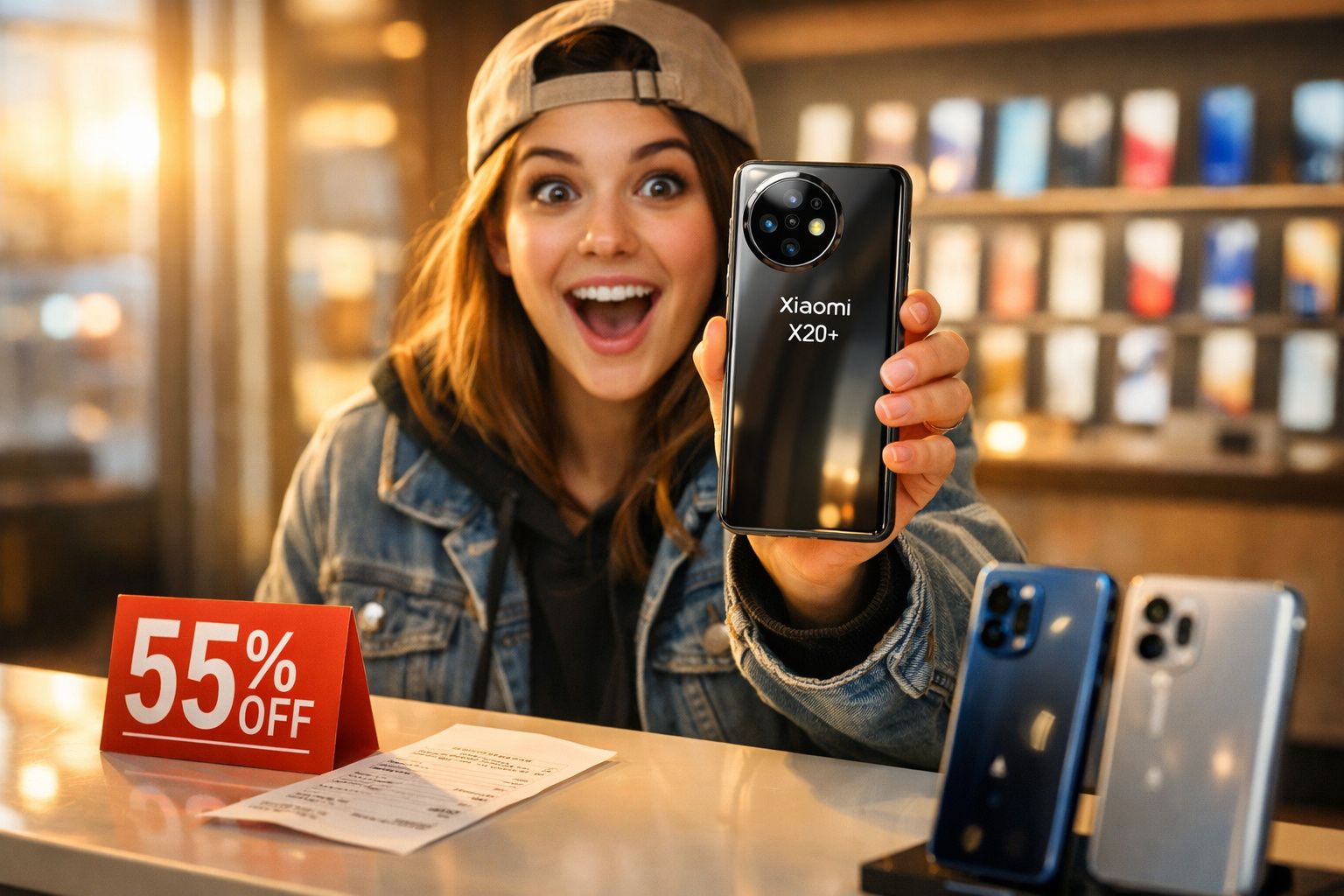 Mulher sorridente mostrando smartphone Xiaomi X20+ com placa de desconto 55% em loja.