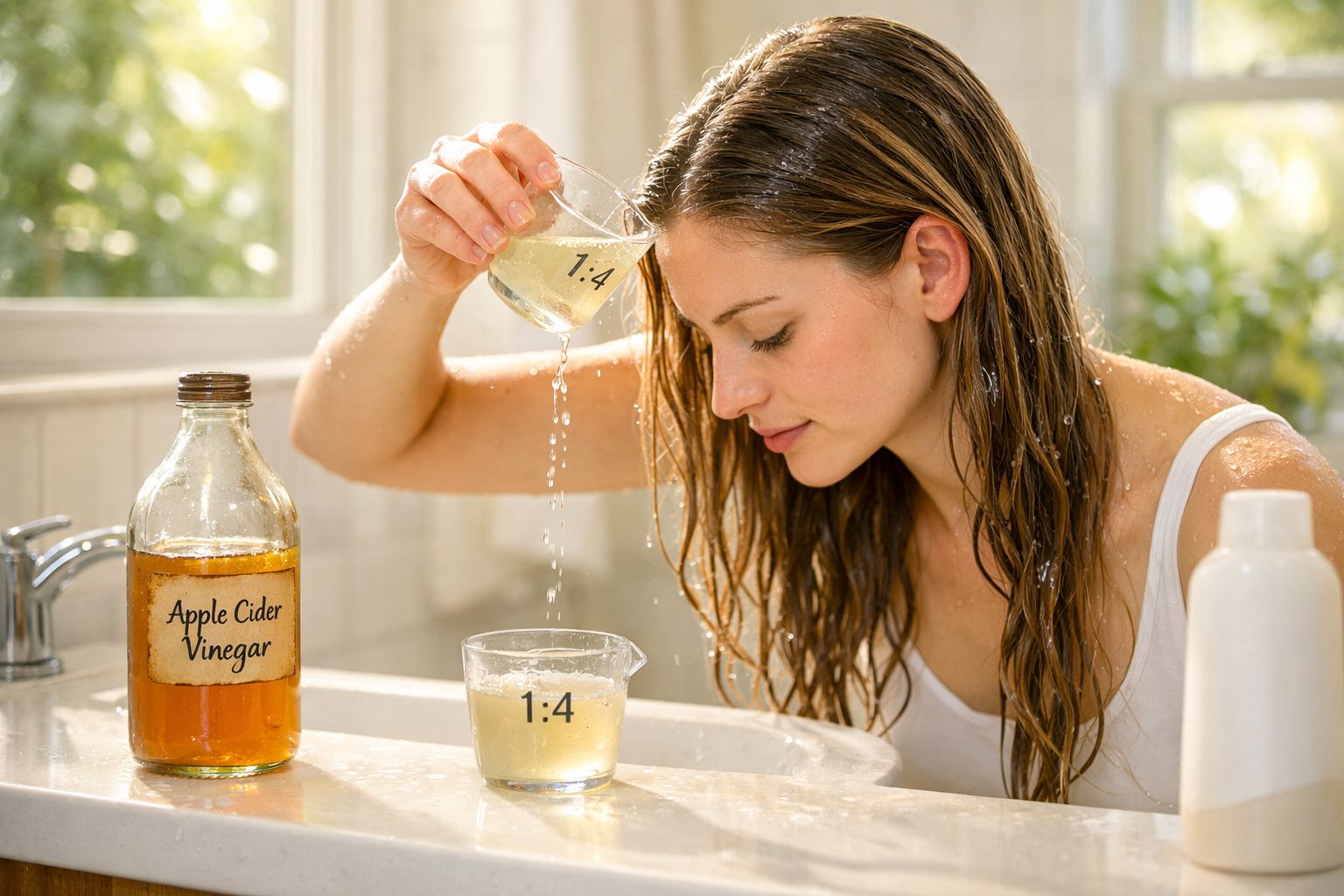 Mulher com cabelo molhado derramando mistura de vinagre de maçã diluído em copo medidor no banheiro.