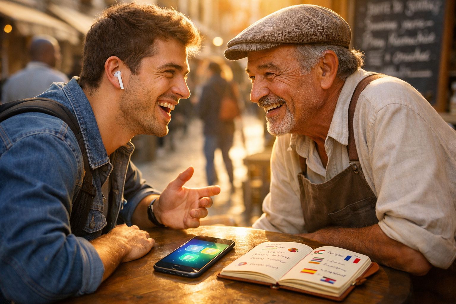 Dois homens de idades diferentes conversam e sorriem sentados à mesa com livro e celular à frente.