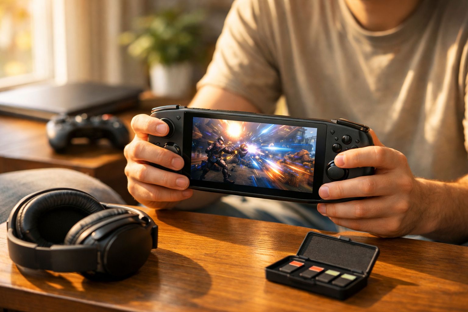 Pessoa segurando console portátil com jogo de ação na tela, fone de ouvido e jogos em cartão na mesa.