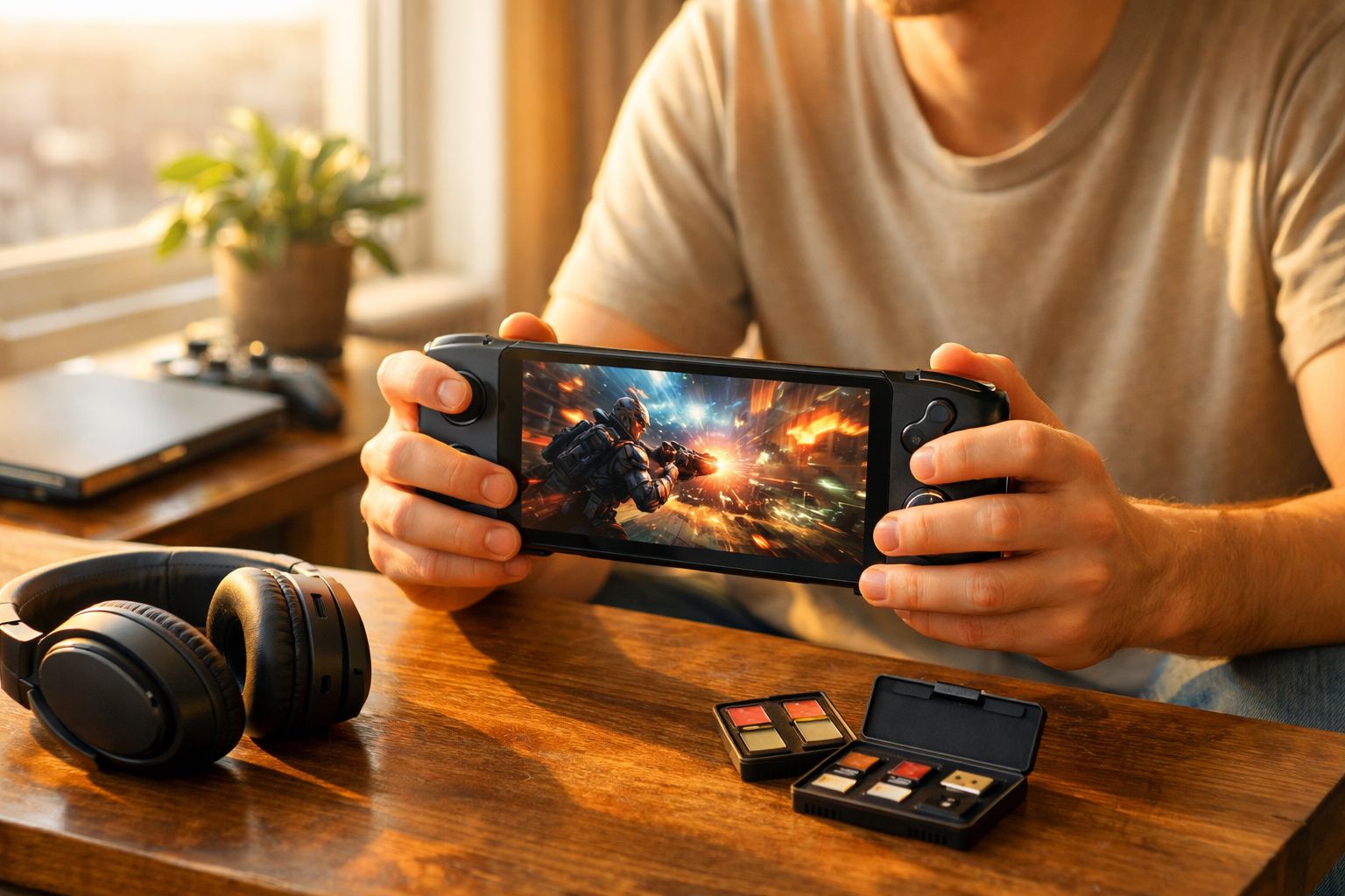 Pessoa segurando console portátil jogando jogo de ação em mesa com fones e acessórios.