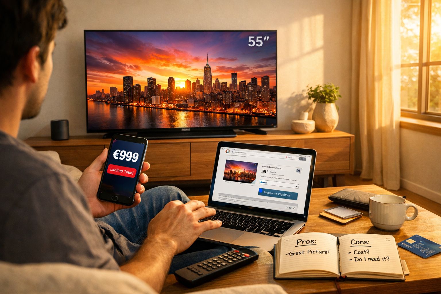 Pessoa comprando TV 55" por €999 em laptop, com celular e notas sobre prós e contras na mesa.