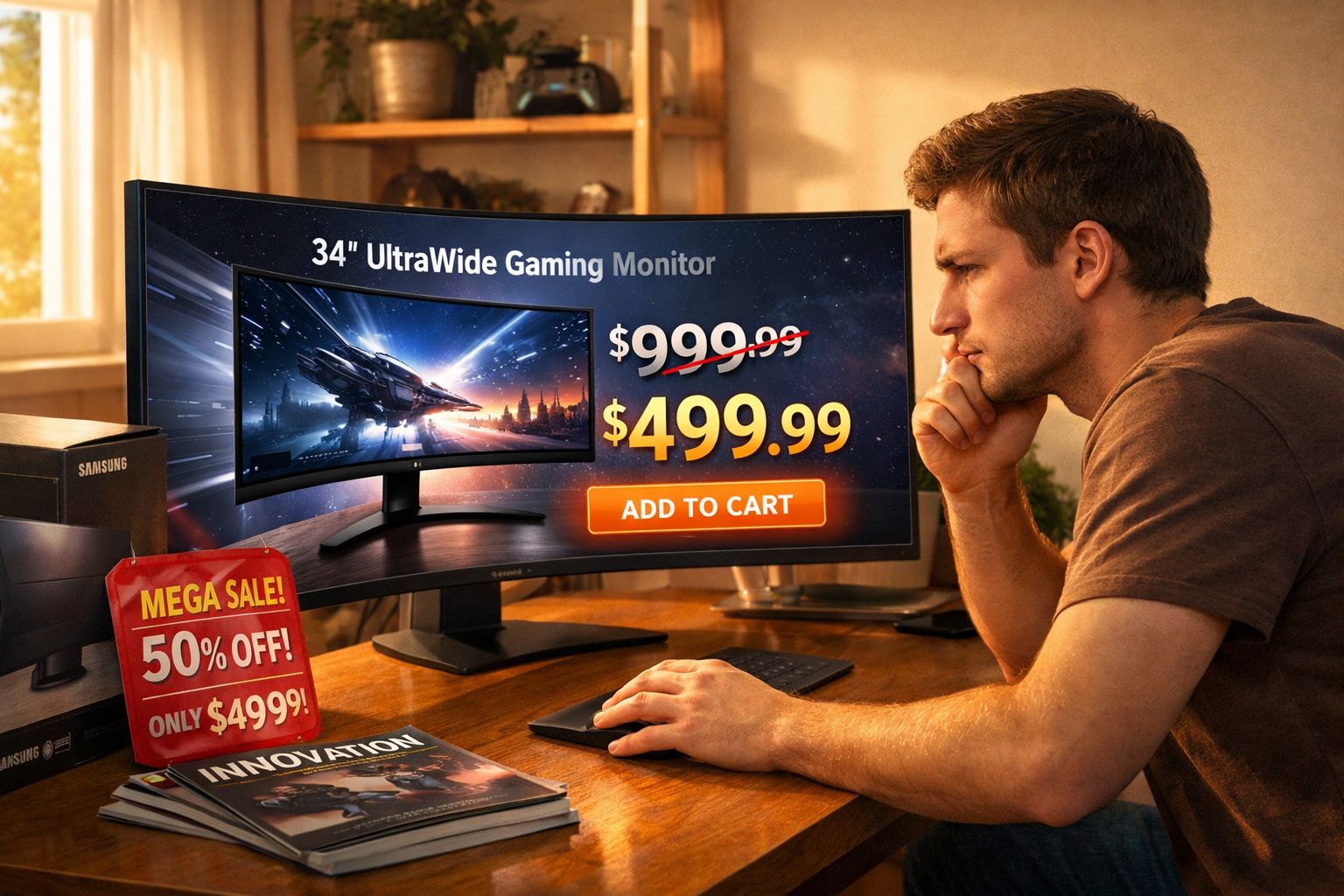Homem observando monitor ultrawide de 34" com promoção de 50% de desconto por R$499,99 em um ambiente doméstico.