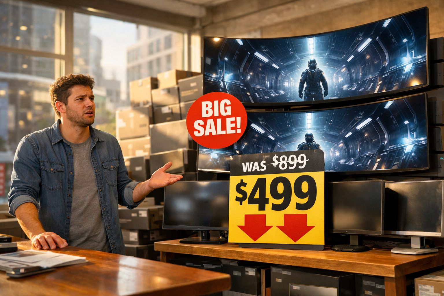 Homem surpreso observa promoções de TVs em loja com placa indicando grande desconto de $899 para $499.