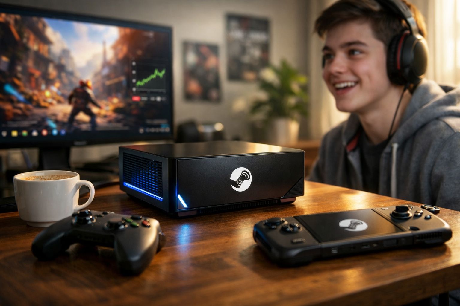 Computador Steam Deck com controles e monitor exibindo jogo, jovem sorrindo com fones em ambiente descontraído.