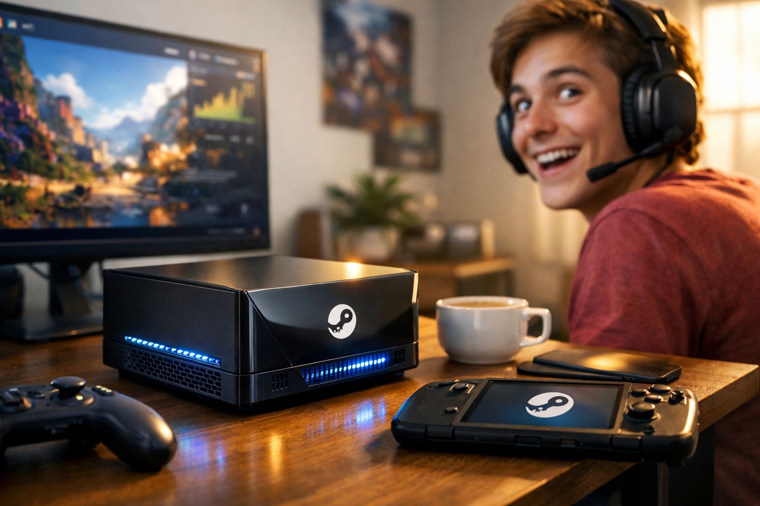 Computador Steam Deck com luzes azuis, controlador e jovem sorrindo usando headset.