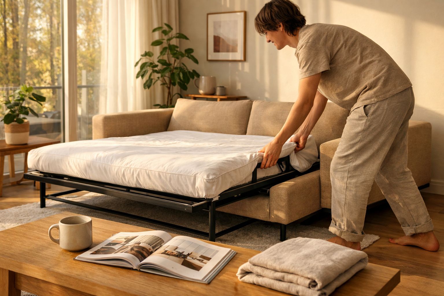 Pessoa puxando colchão em sofá-cama em sala iluminada com plantas e mesa com livro e caneca.