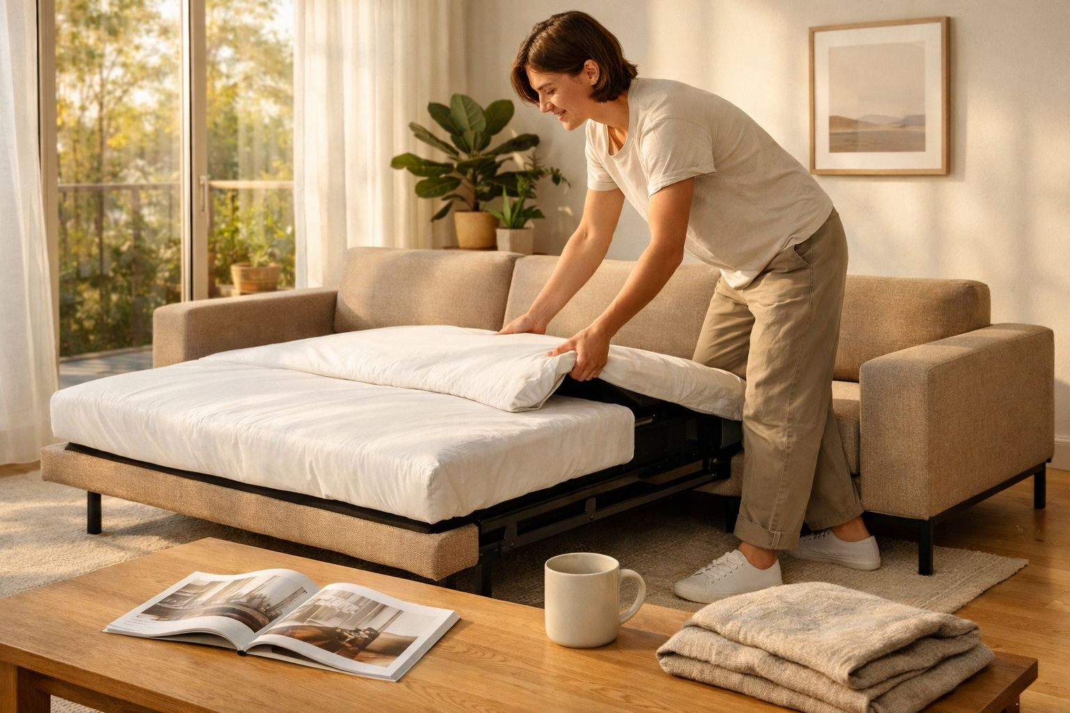 Pessoa abrindo sofá-cama em sala iluminada com plantas, almofadas e mesa com xícara e revista.