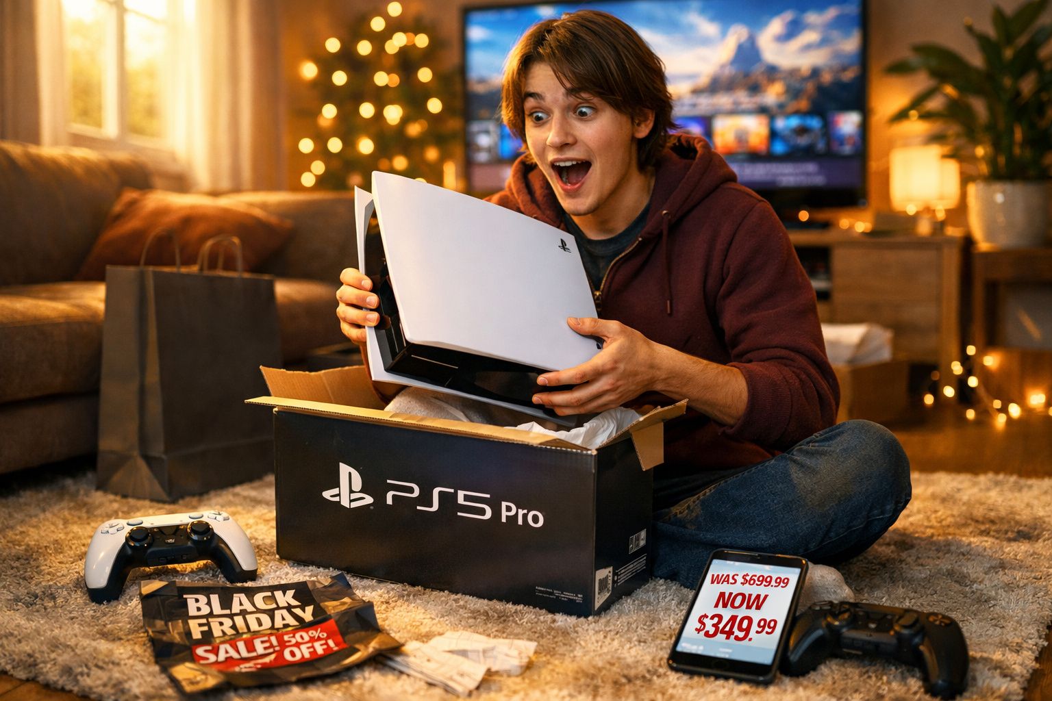 Jovem surpreso desempacotando console PS5 Pro em sala decorada para o Natal.