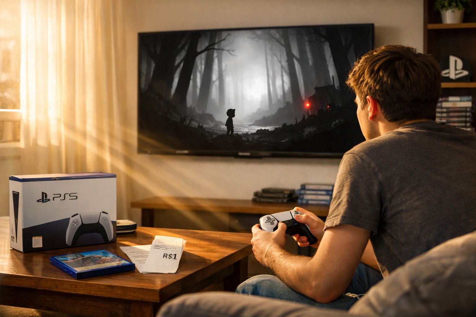 Homem jogando videogame em PS5 com controle na mão e tela mostrando jogo sombrio na sala iluminada.