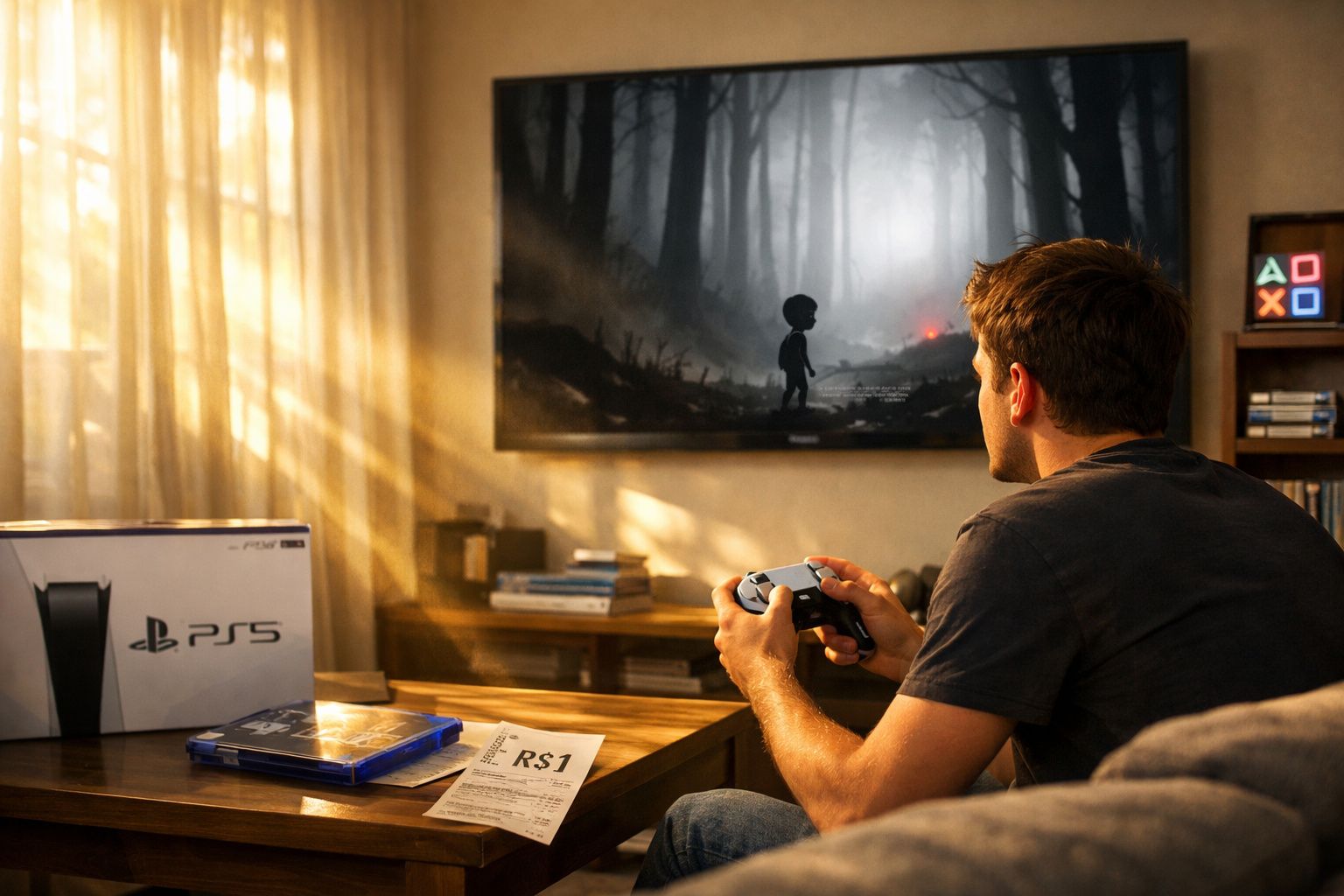 Homem jogando videogame PS5 em sala com luz do sol entrando pela janela e controle nas mãos.