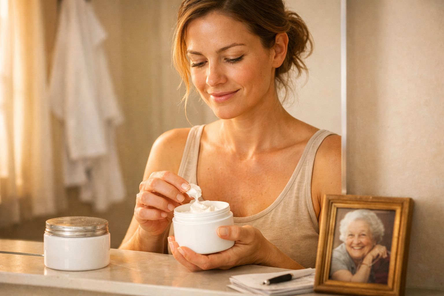 Mulher sorrindo aplicando creme facial em um ambiente aconchegante com foto de idosa ao lado.