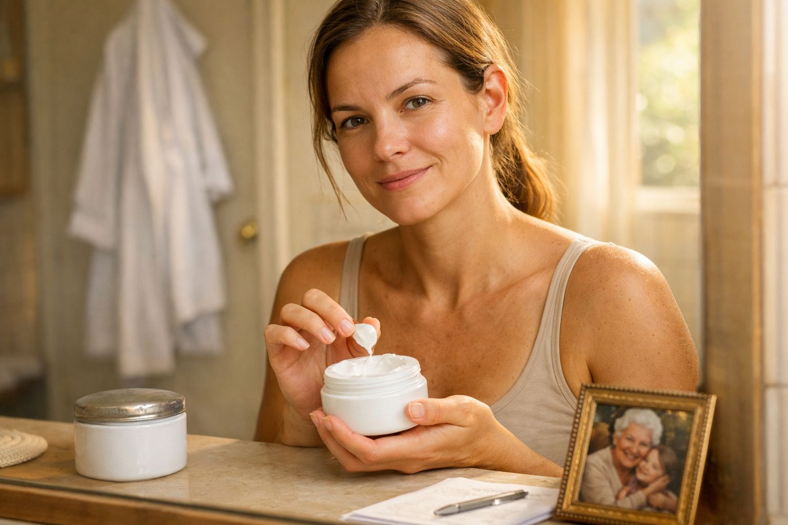 Mulher sorridente aplicando creme no rosto em banheiro com foto de idosa e criança ao lado.