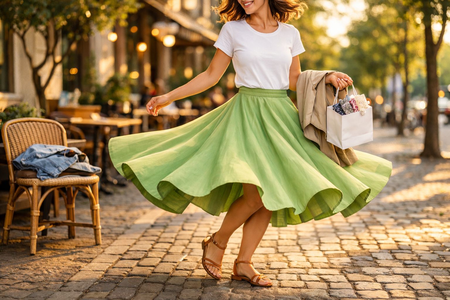 Mulher rodando com saia verde esvoaçante em calçada de pedra em dia ensolarado, segurando sacola e casaco.
