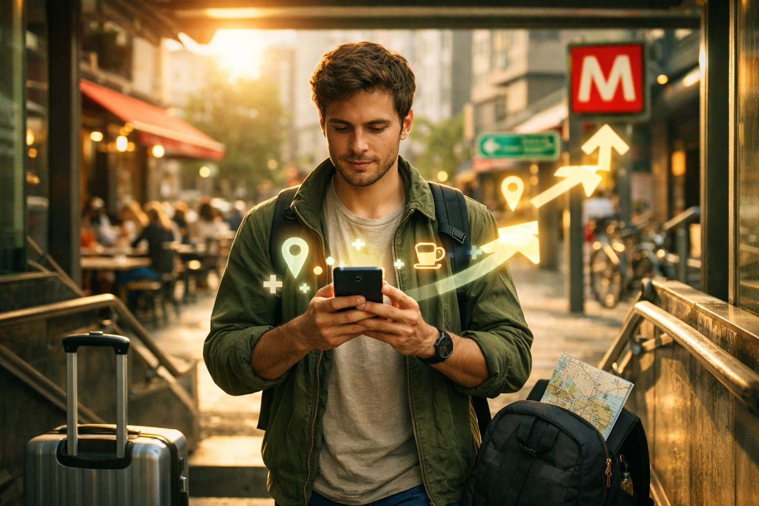 Homem jovem usando celular na rua com malas, mapas e ícones de navegação digital à sua frente.