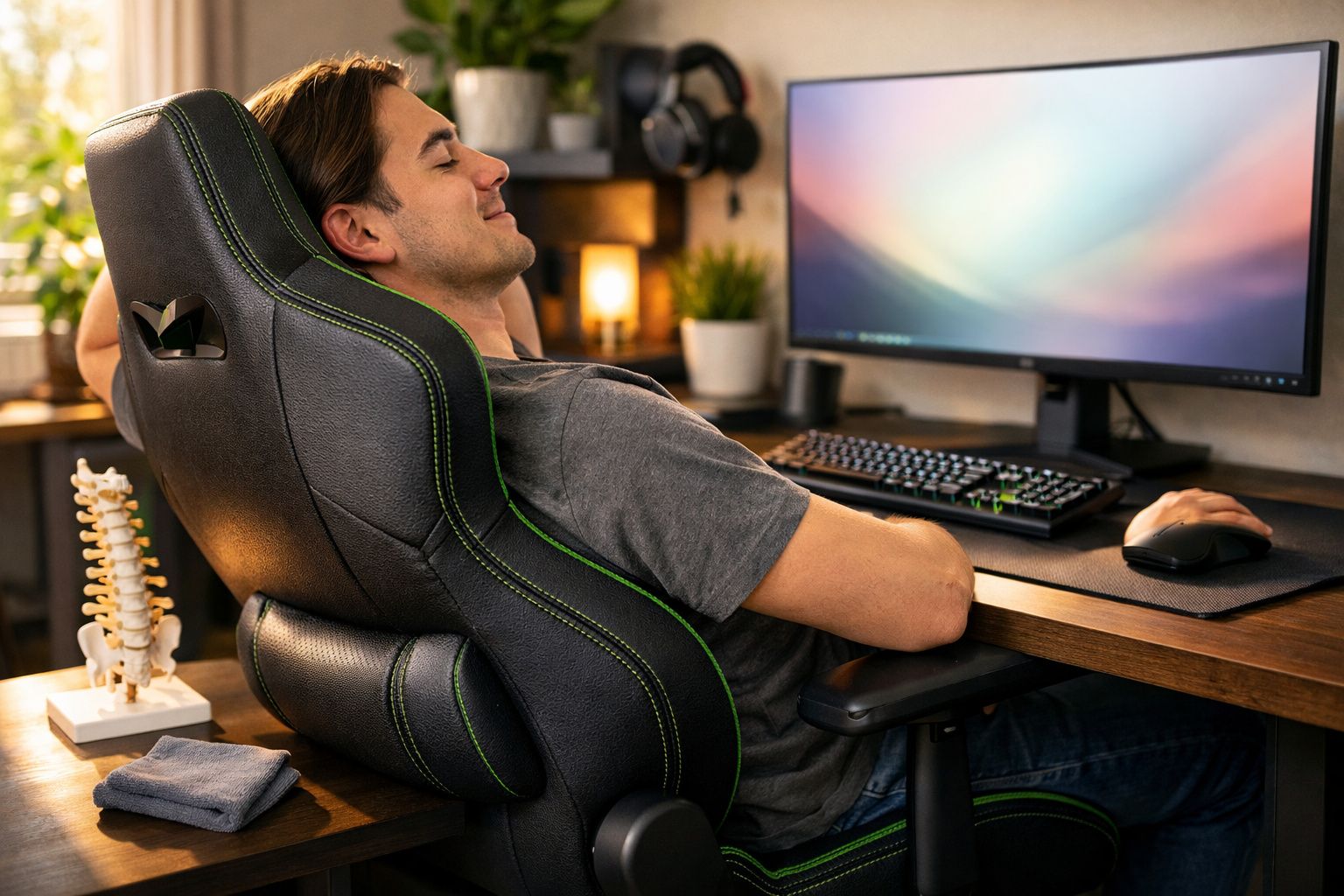 Homem relaxando em cadeira ergonômica na frente de computador em ambiente de trabalho iluminado e organizado.