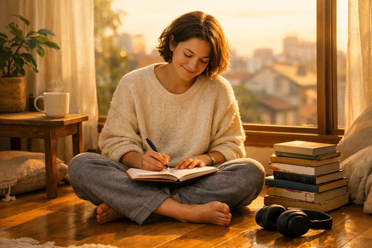 Mulher sentada no chão escrevendo em caderno com livros e fone ao lado, luz natural entra pela janela.