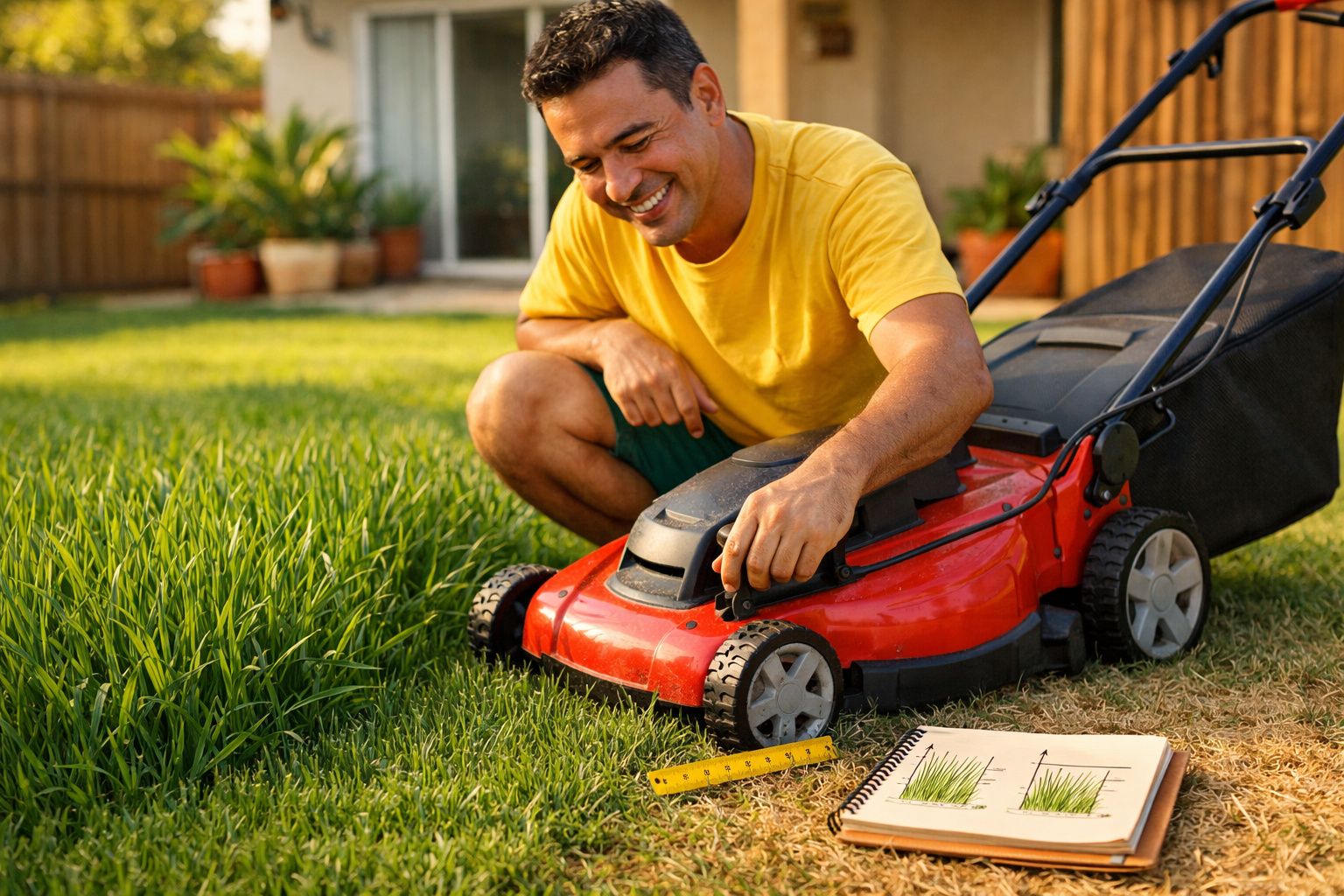 Homem sorridente ajusta cortador de grama em jardim com caderno mostrando amostras de grama ao lado.