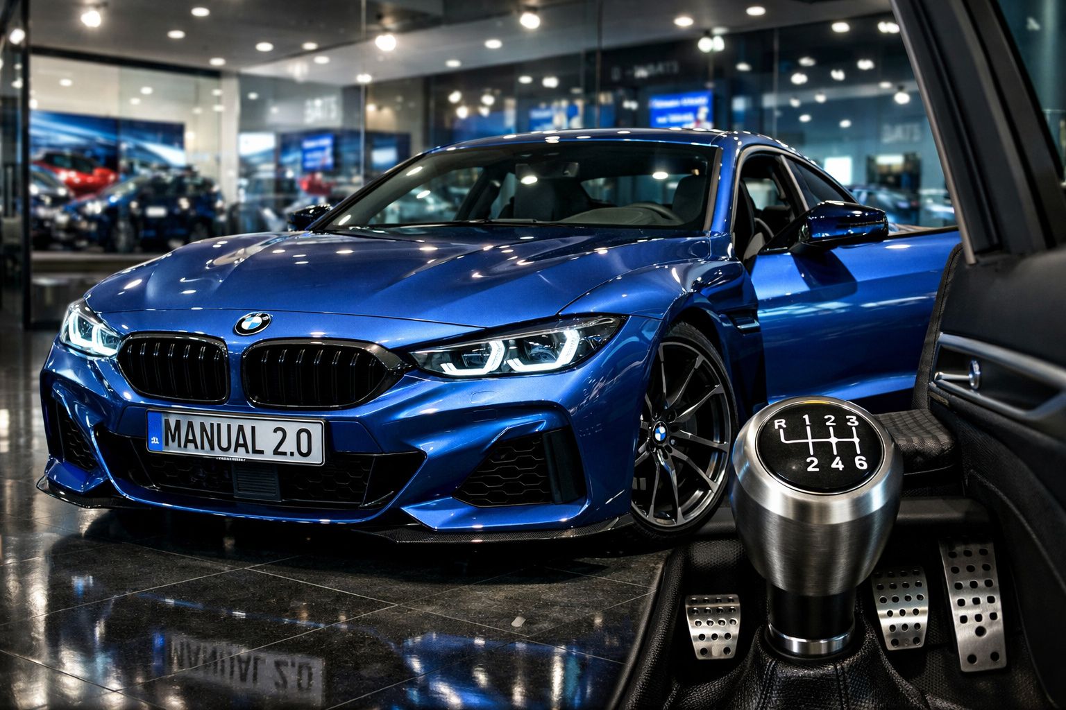 Carro esportivo azul BMW com câmbio manual 6 marchas em showroom moderno.