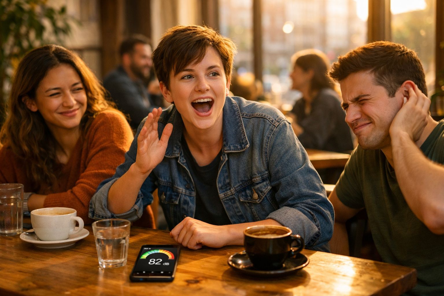 Três jovens sentados em café, uma mulher exibe medidor de decibéis no celular enquanto fala animada.