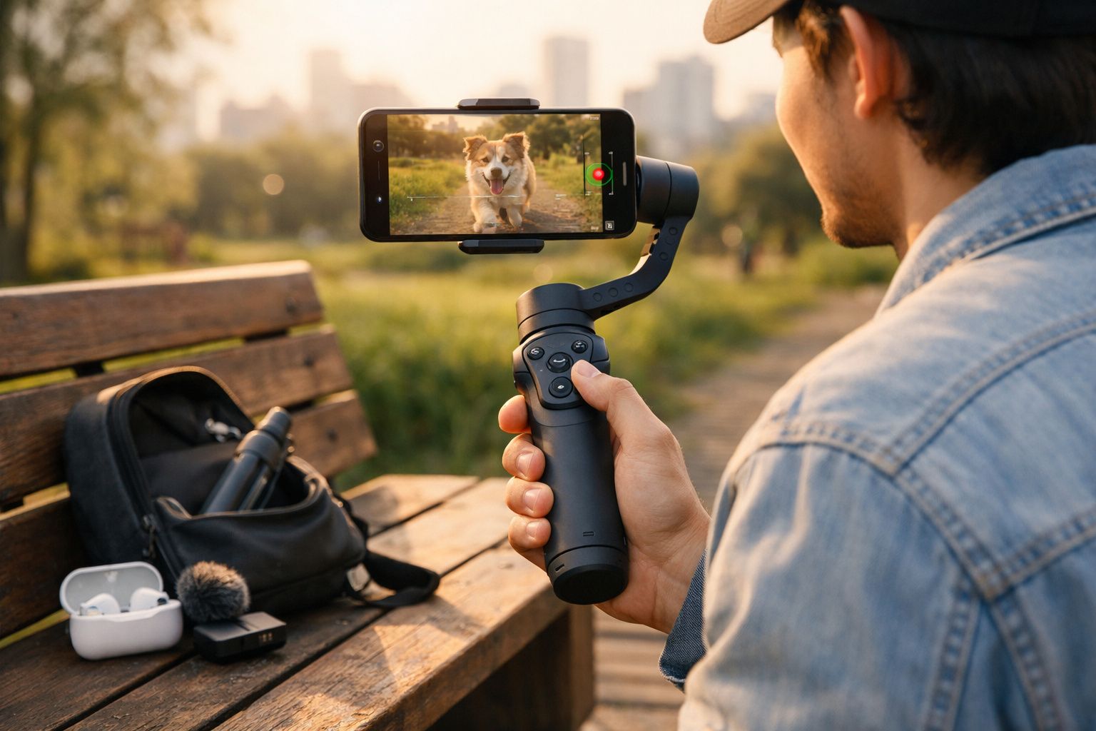 Homem grava vídeo de um cachorro correndo em um parque usando estabilizador com smartphone.