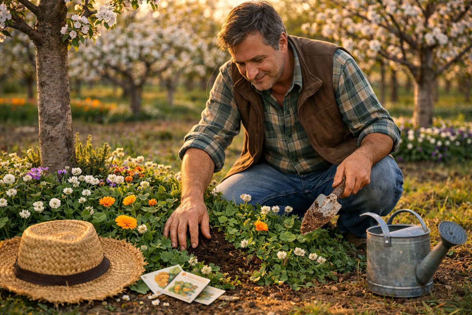 Homem ajoelhado cuidando de flores em jardim com regador, pá de jardim e chapéu de palha ao lado.