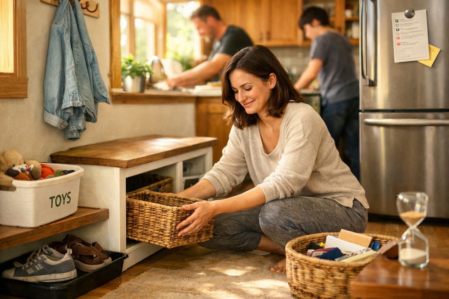 Mulher organizando uma caixa de vime no chão da cozinha, com dois homens ao fundo preparando alimentos.
