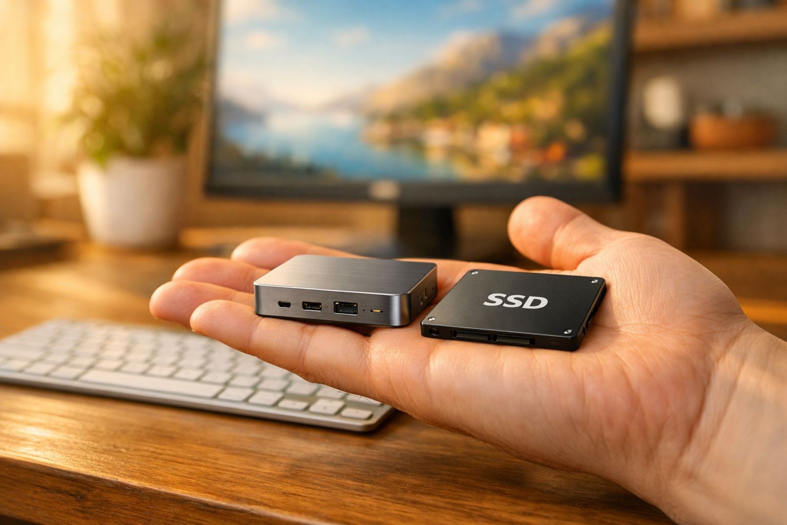 Mão segurando um mini PC e um SSD com teclado e monitor desfocados ao fundo.