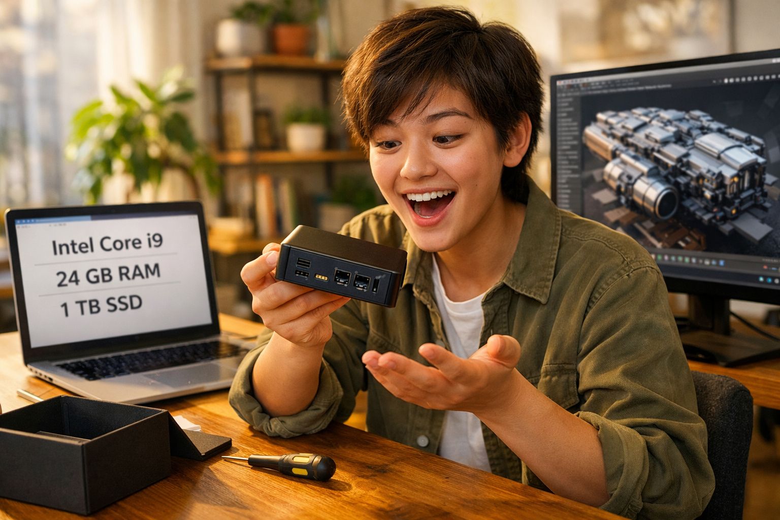 Pessoa sorrindo segurando mini computador, com laptop e monitor mostrando especificações e design 3D na mesa.