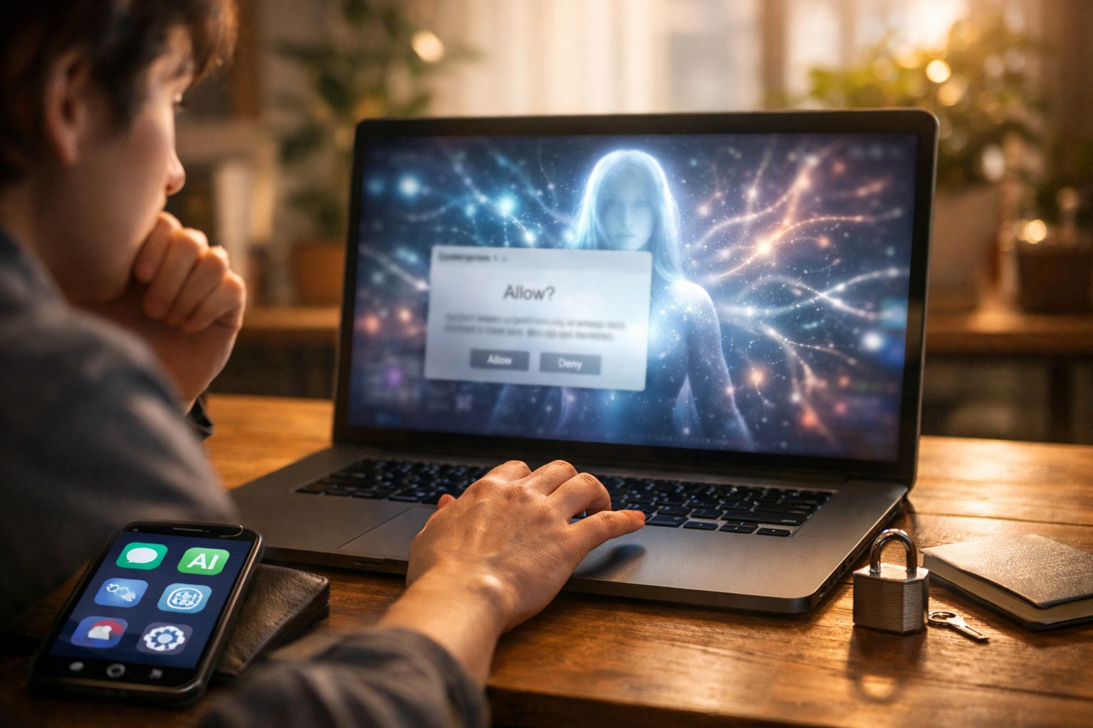 Pessoa em mesa usando laptop com notificação de permissão na tela e telefone com ícones de IA ao lado.