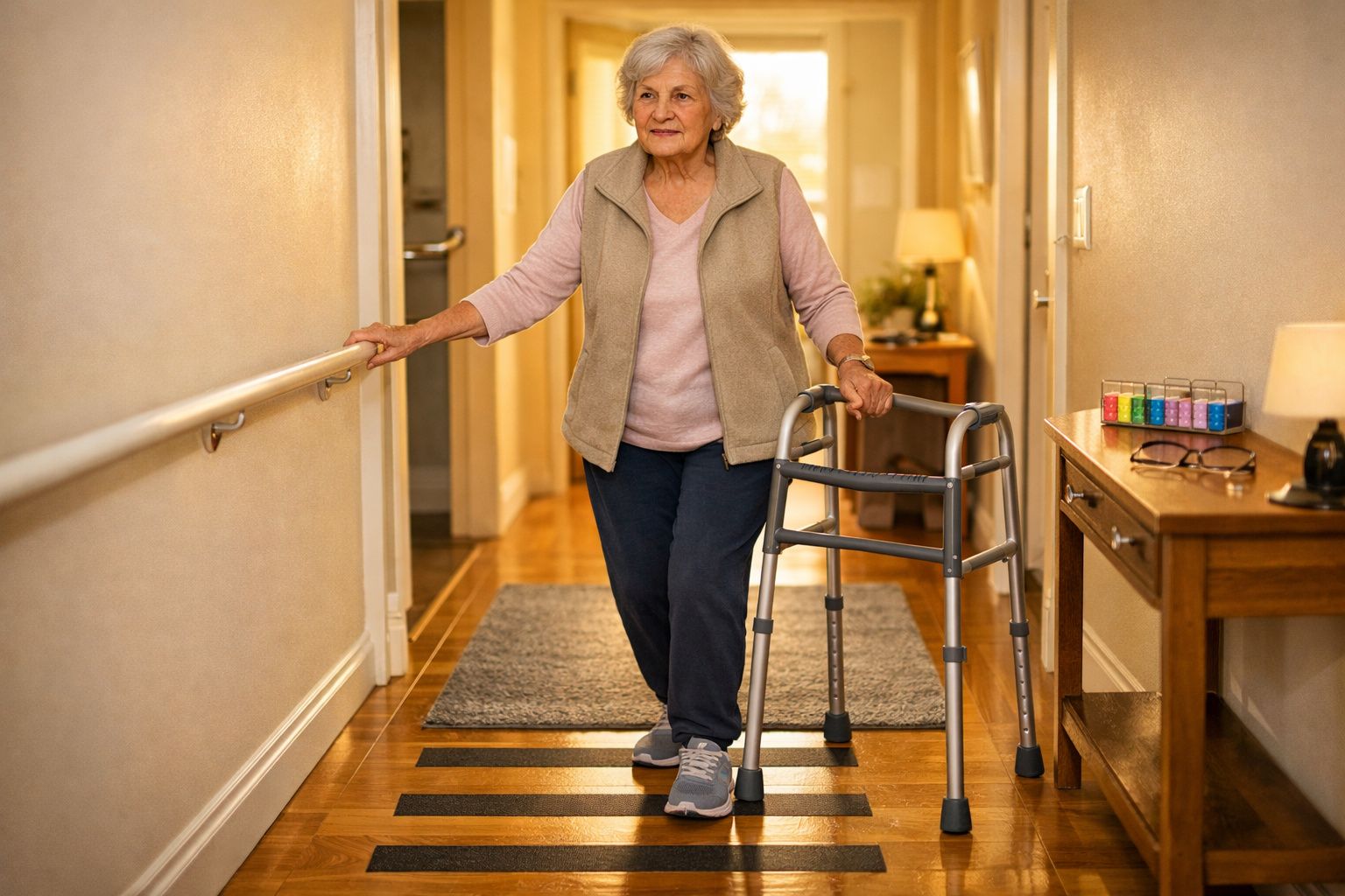 Idosa caminhando com andador e segurando o corrimão em um corredor de casa.