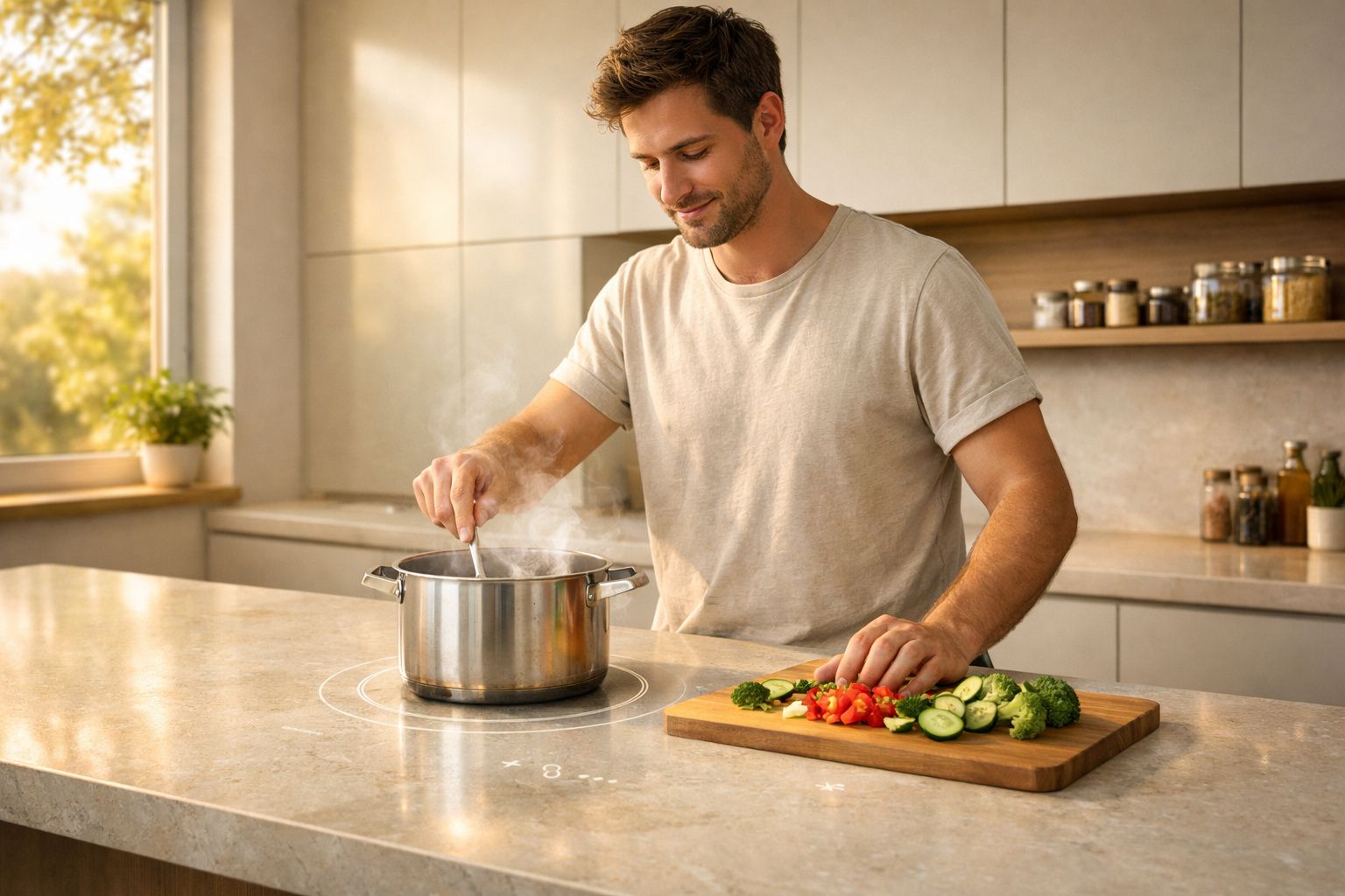 Homem cozinhando em cozinha iluminada, mexendo panela enquanto prepara legumes frescos.