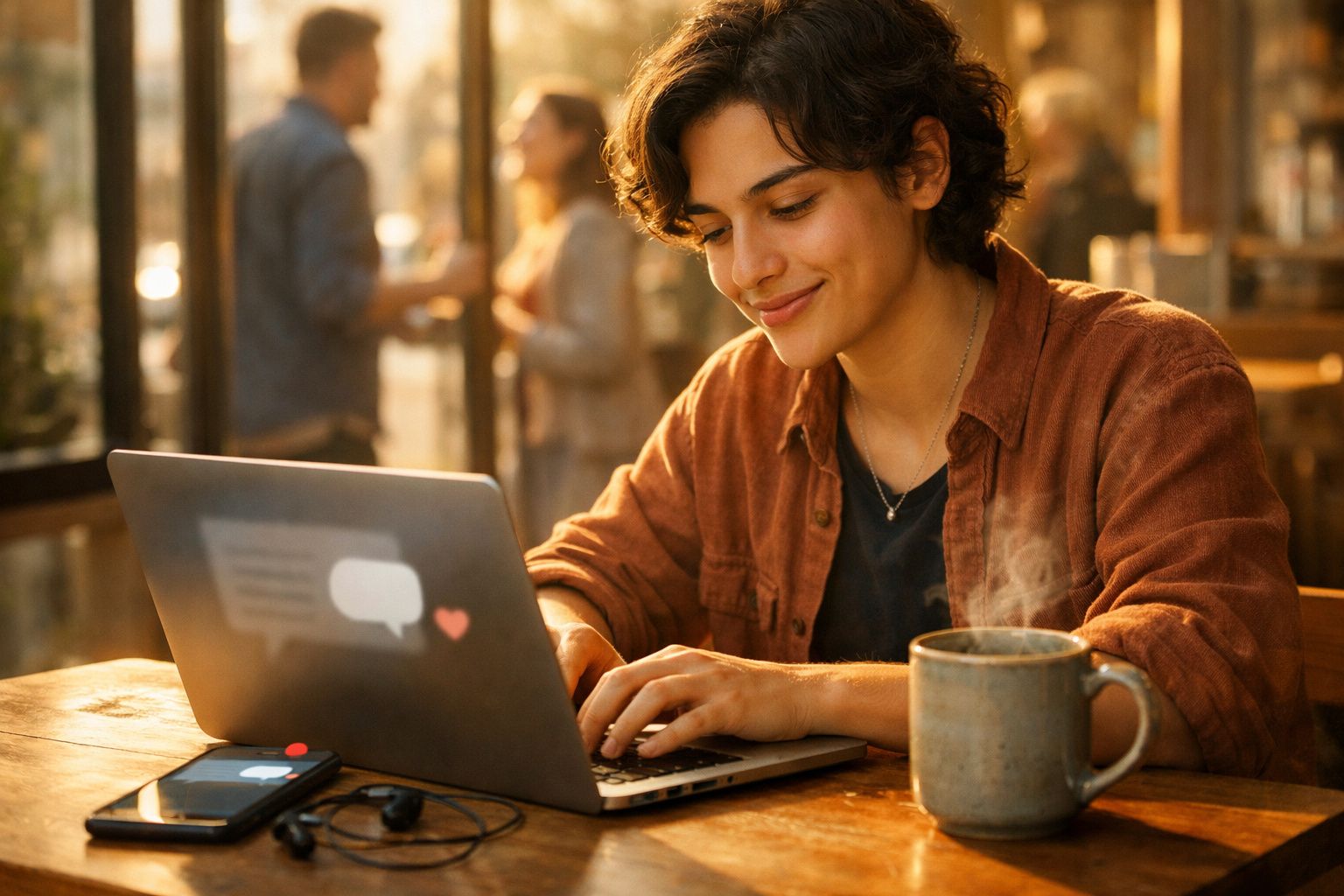 Pessoa sorridente usando laptop em café com xícara de bebida quente e celular na mesa.