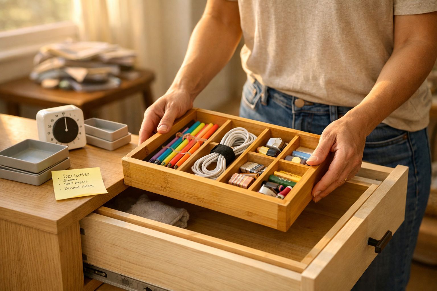 Pessoa organizando gaveta de madeira com caixa divisória contendo canetas coloridas, cabos e pequenos objetos.