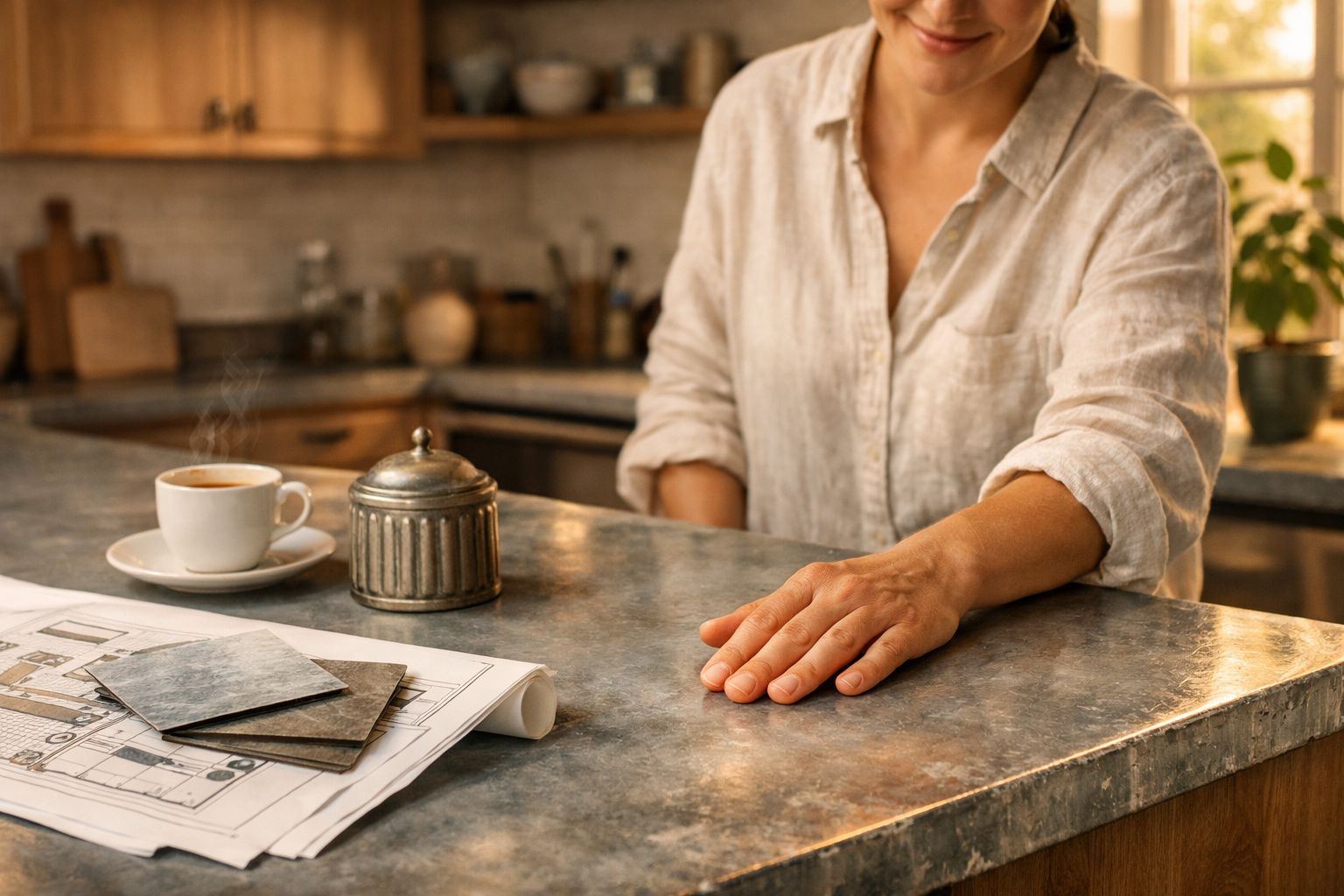 Pessoa com camisa clara apoiada em bancada de cozinha com planta baixa, amostras e café quente.