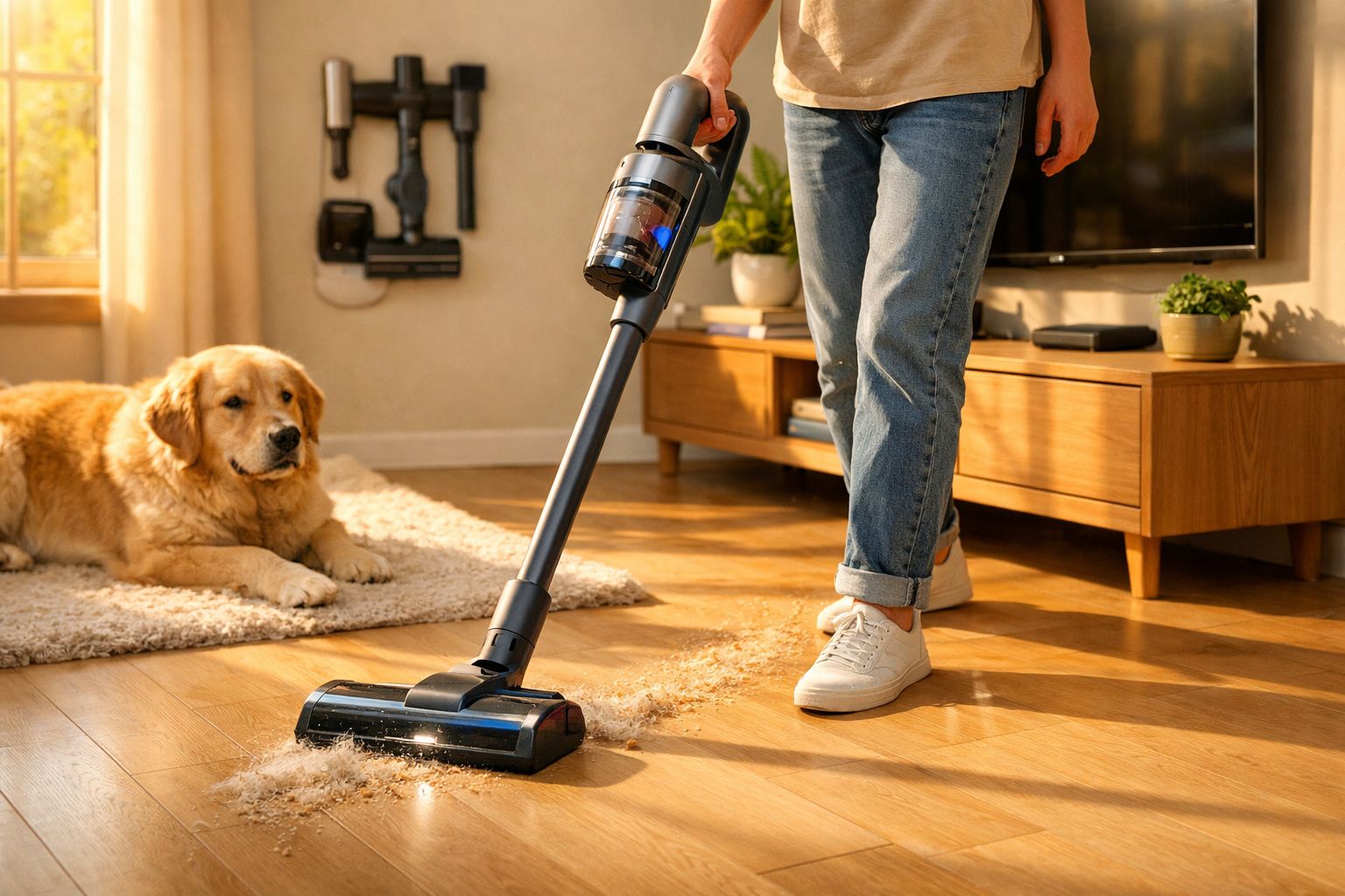 Pessoa usando aspirador vertical para limpar sujeira no chão de madeira enquanto cachorro observa em tapete.