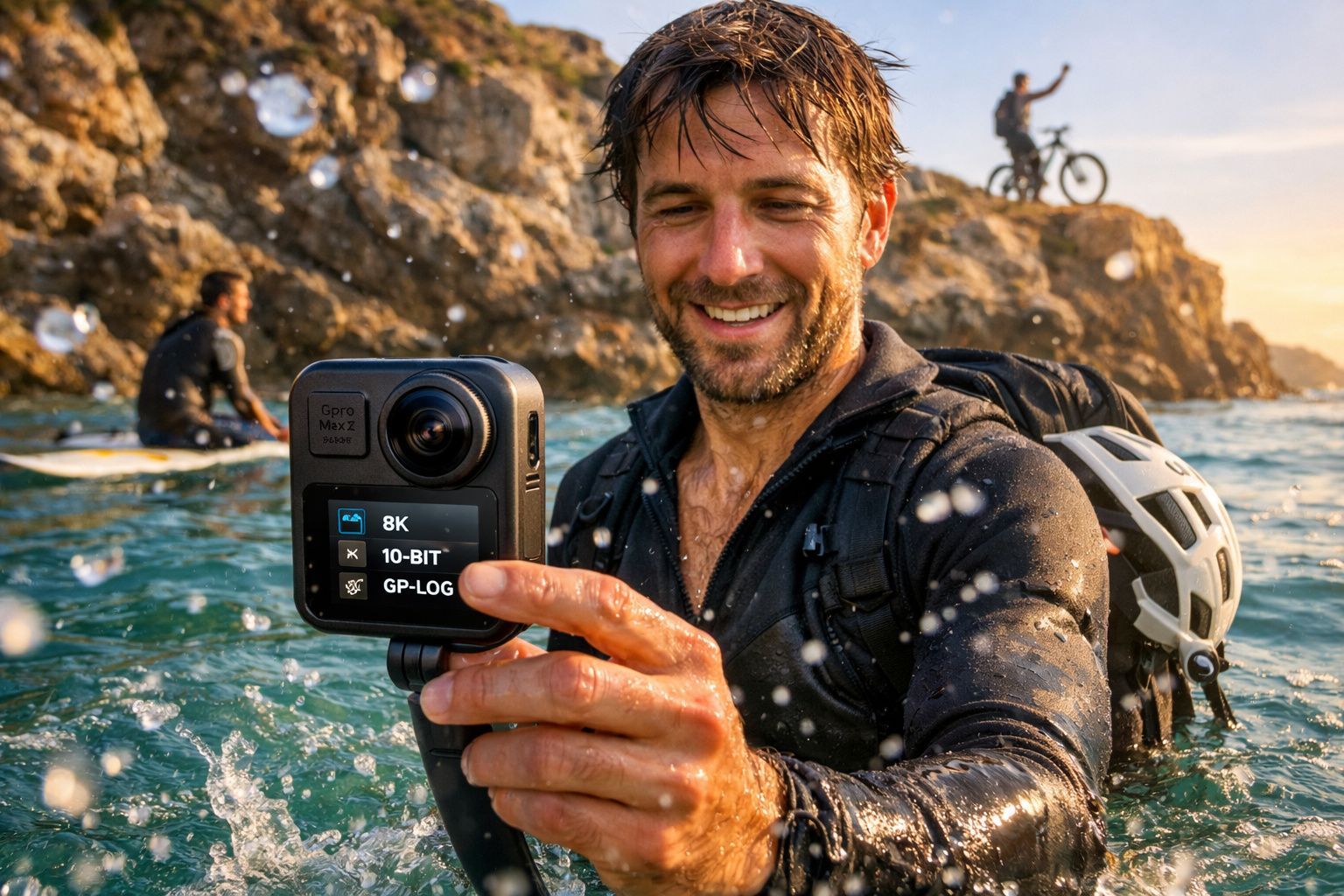 Homem sorrindo segura câmera GoPro submerso em rio com ciclista e pessoa remando em pedra ao fundo.